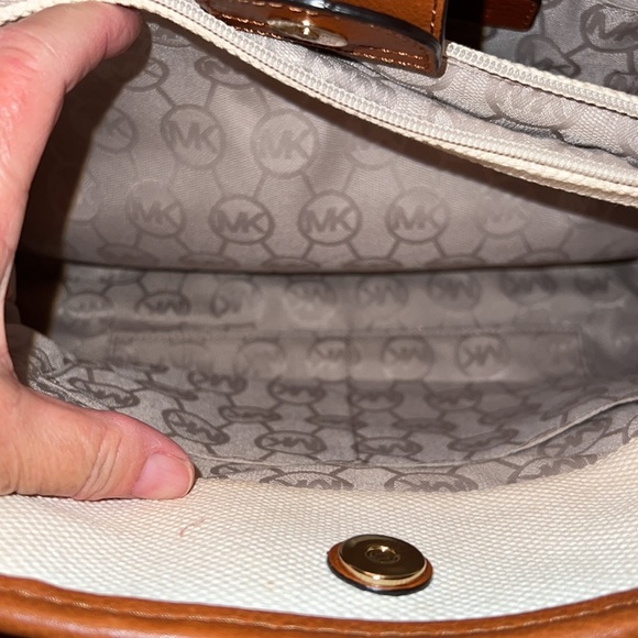 Michael Kors Hamilton Bag Large Blue Stripe Satchel Creme Leather Trim - Picture 11 of 13